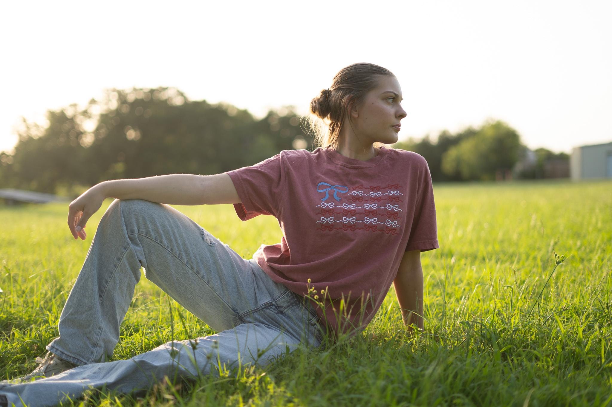 Embroidered American Flag Bow T-Shirt: Comfort Colors Patriotic Tee