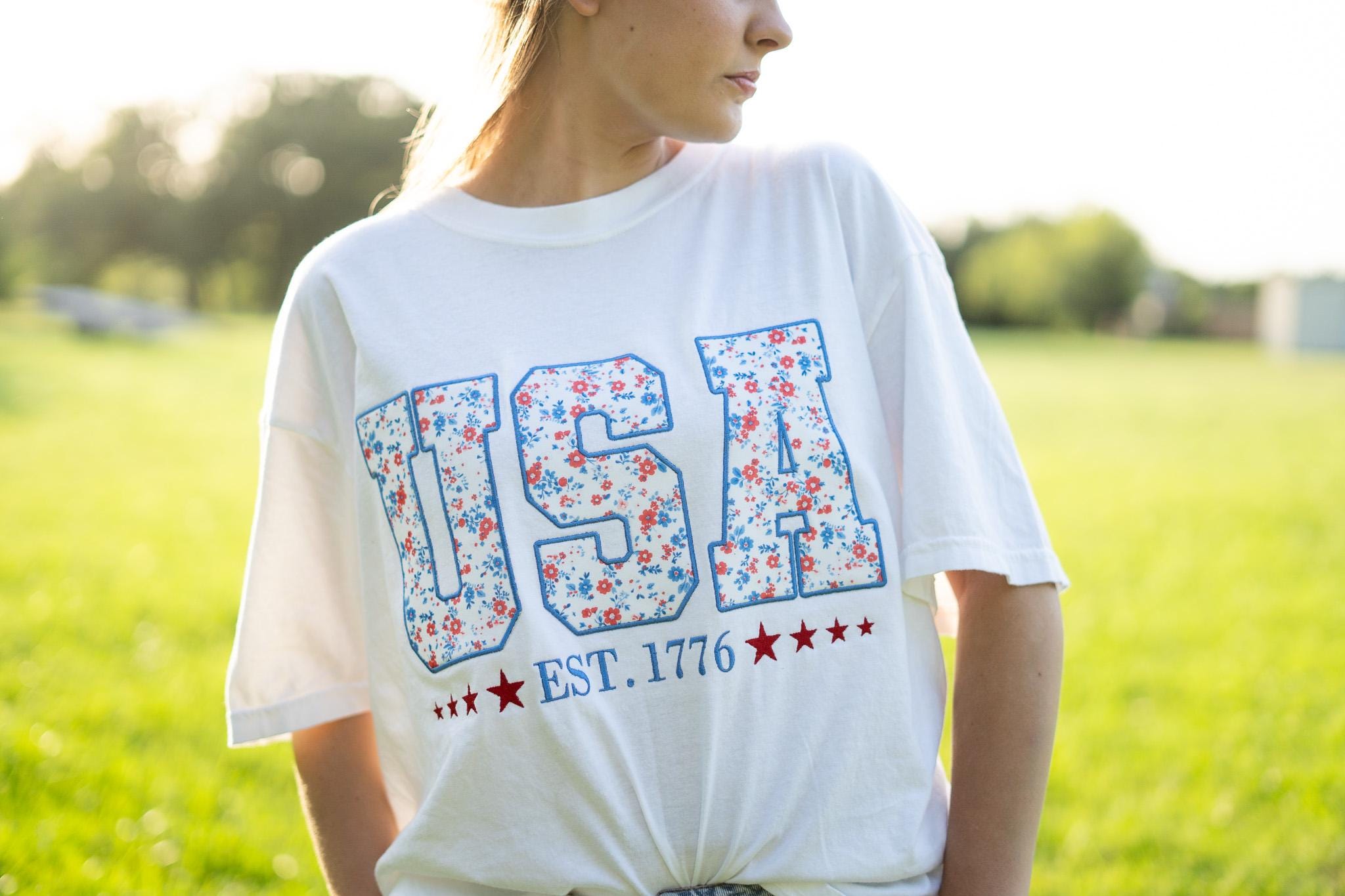 Patriotic Embroidered USA T Shirt